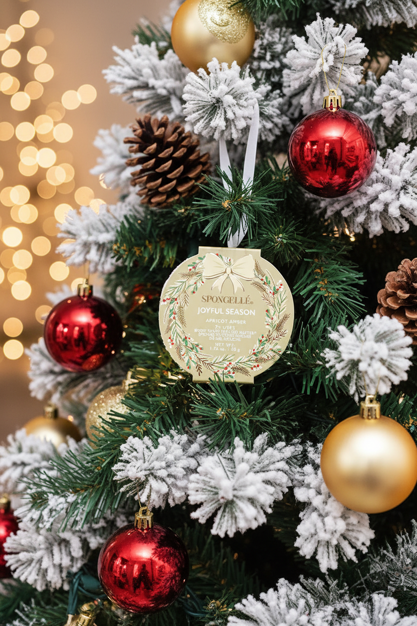 Spongellé Joyful Season Apricot Amber body buffer ornament hanging on a snow-flocked Christmas tree with warm golden bokeh lights — Bliss by Cori Boutique