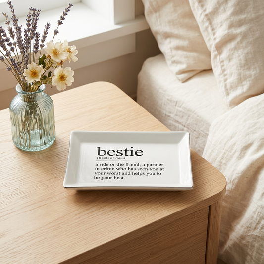 White Bestie ceramic tray with black friendship definition on a wooden bedside table beside flowers and cream bedding | Bliss by Cori