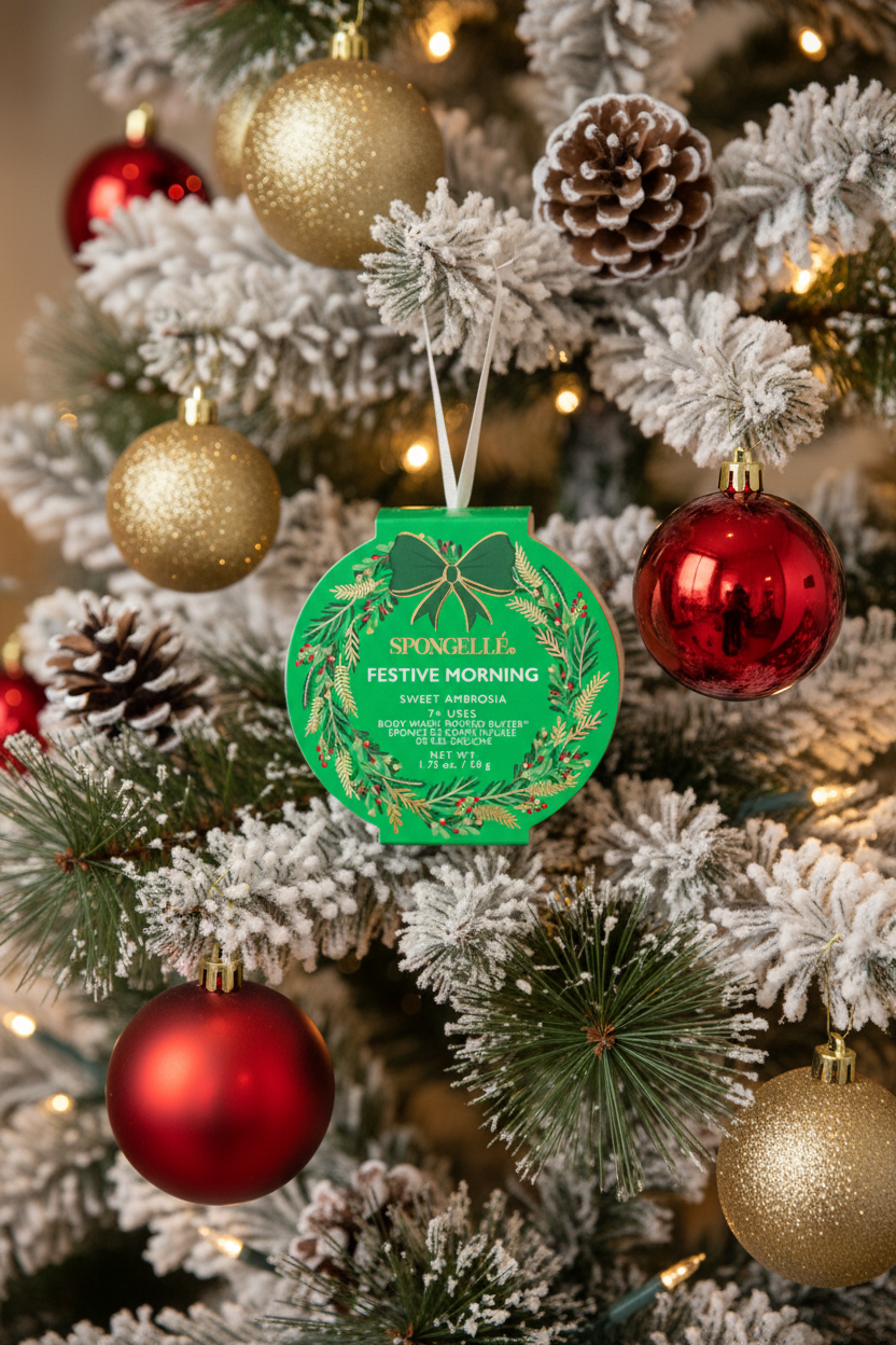 Spongellé Festive Morning Sweet Ambrosia body buffer ornament hanging on a snow-flocked Christmas tree with warm golden bokeh lights — Bliss by Cori Boutique