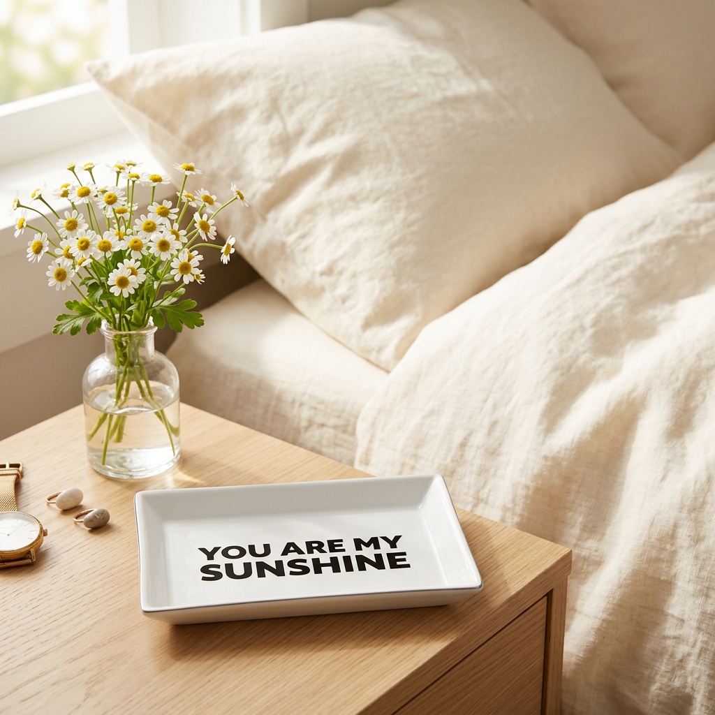 White You Are My Sunshine ceramic tray with black lettering on a wooden bedside table beside daisies and cream bedding | Bliss by Cori