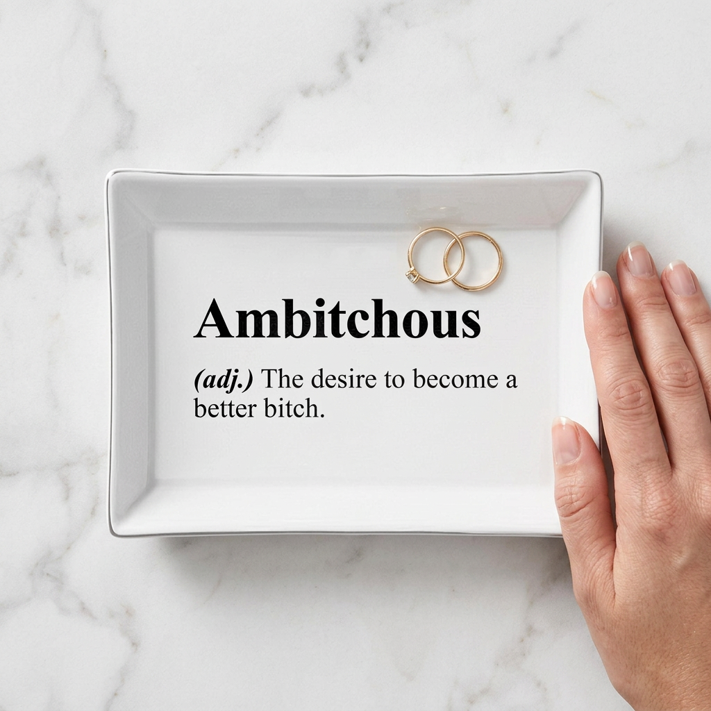White Ambitchous ceramic tray holding two gold rings on pale marble beside a manicured hand | Bliss by Cori