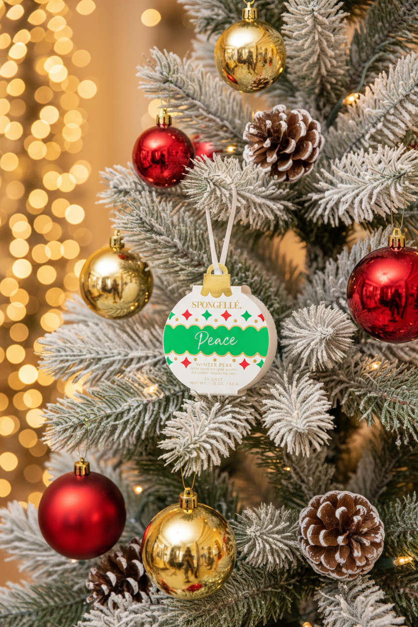 Spongellé Peace Winter Pear body buffer ornament hanging on a snow-flocked Christmas tree with warm golden bokeh lights — Bliss by Cori Boutique