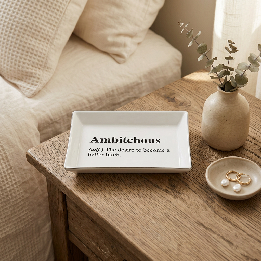White Ambitchous ceramic tray with black lettering on a wooden bedside table beside a vase and gold earrings | Bliss by Cori