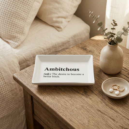 White Ambitchous ceramic tray with black lettering on a wooden bedside table beside a vase and gold earrings | Bliss by Cori