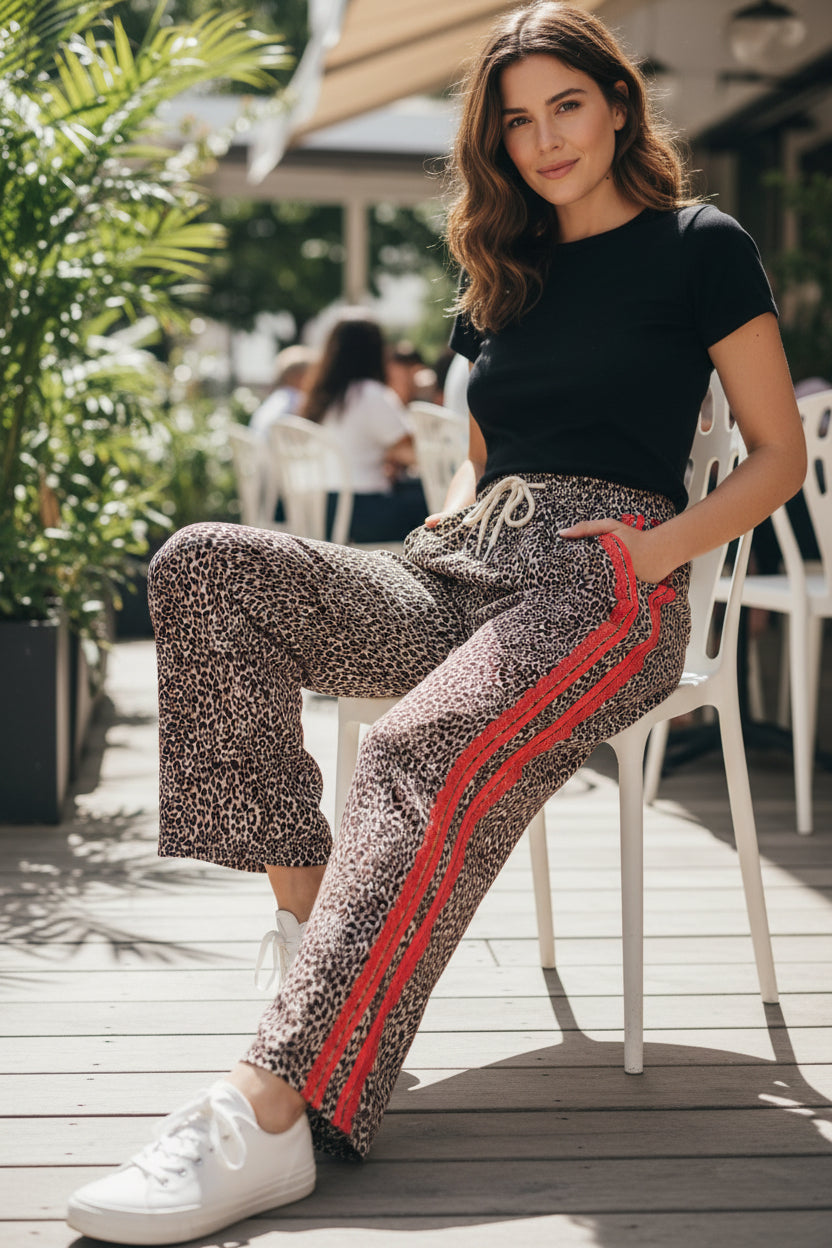 Leopard Contrast Lace Striped Detail Drawstring Pants - Pre Order March 2026