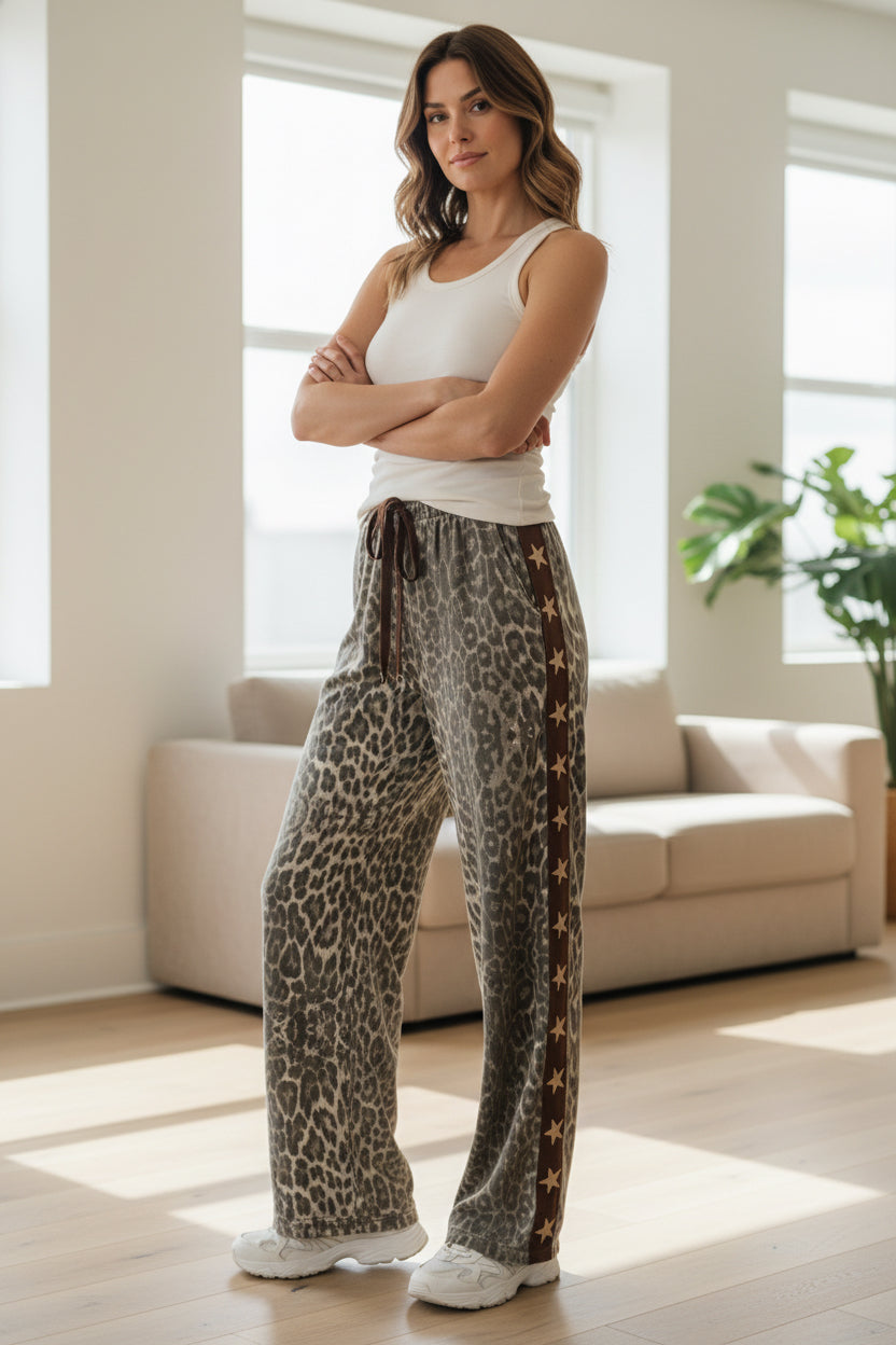 Leopard Printed Star Drawstring Lounge Pants - Pre-Order Ships late February 2026