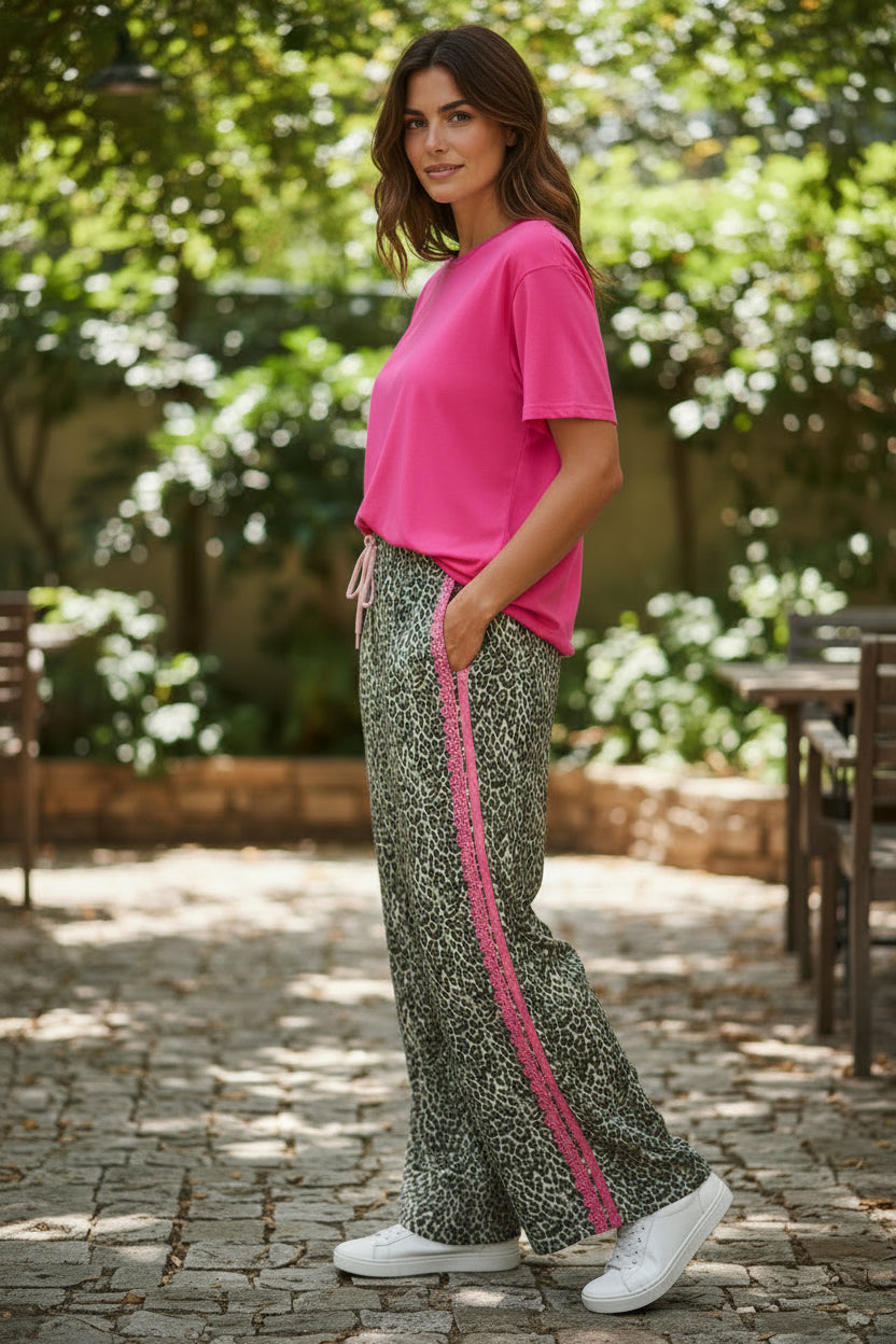 Leopard Contrast Lace Striped Detail Drawstring Pants - Pre Order March 2026