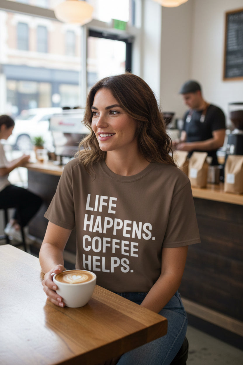 Unisex Life Happens Coffee Helps T-Shirt | Coffee Lover Tee