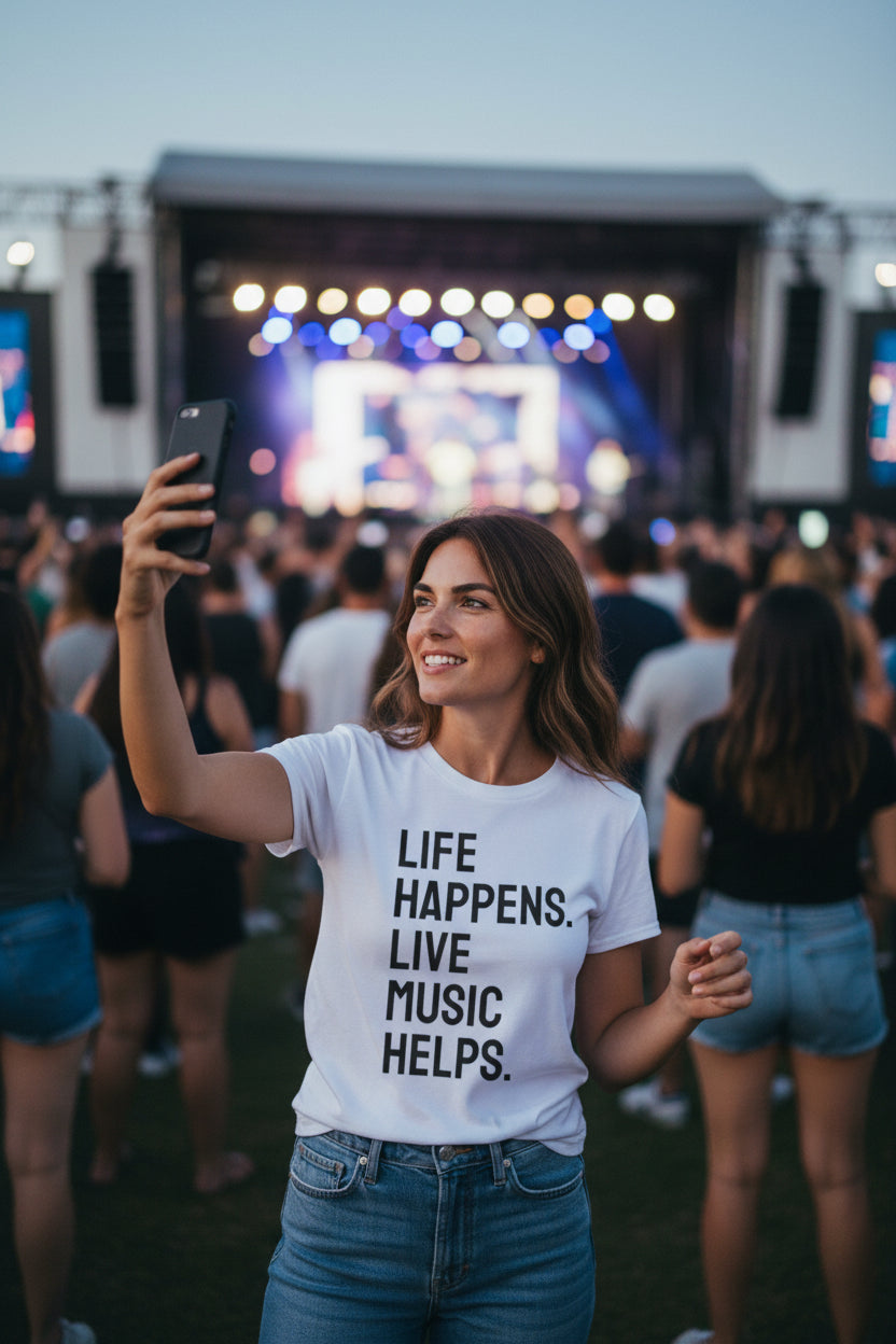 Life Happens Live Music Helps T-Shirt | Music Lover Tee