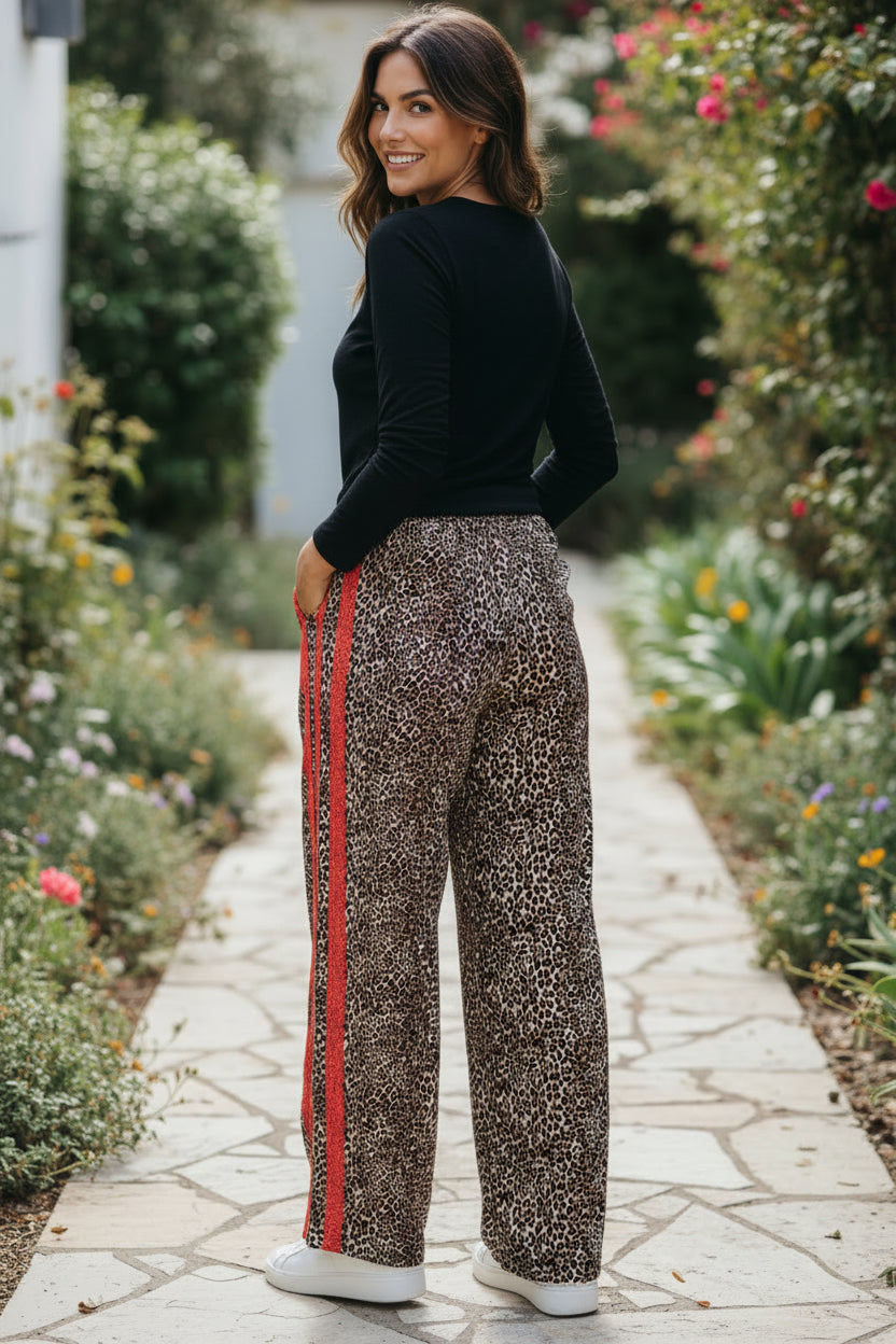 Leopard Contrast Lace Striped Detail Drawstring Pants - Pre Order March 2026