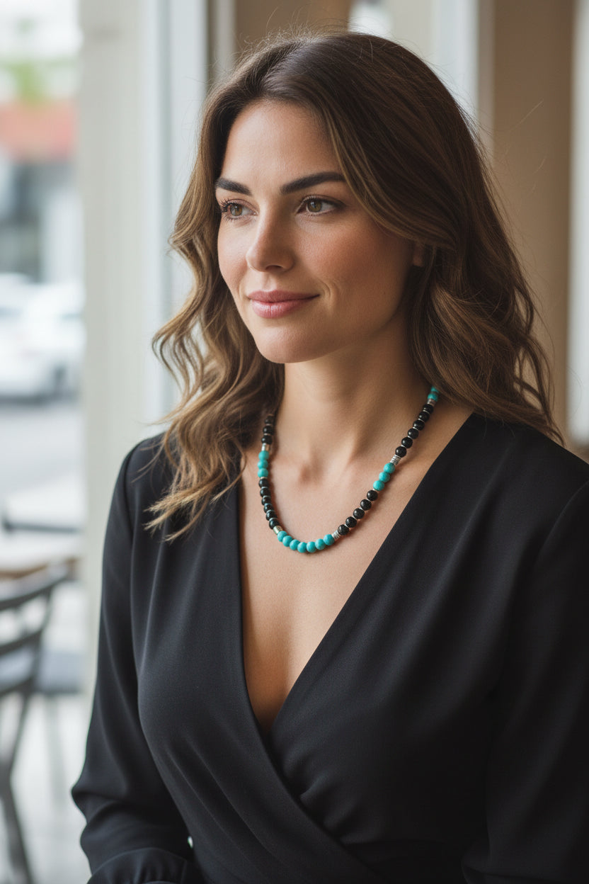 Kingman Turquoise & Black Tourmaline Gemstone Necklace