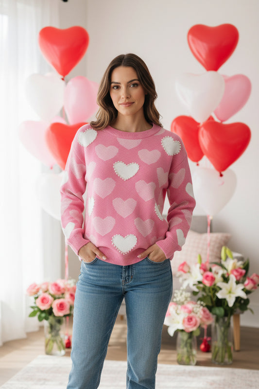 Pearled Heart Print Valentines Day Crew Neck Sweater