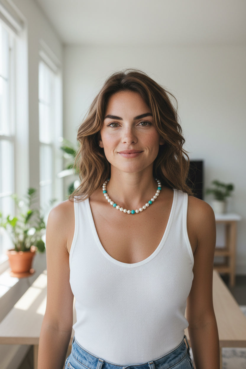 Kingman Turquoise & Pearl Gemstone Necklace