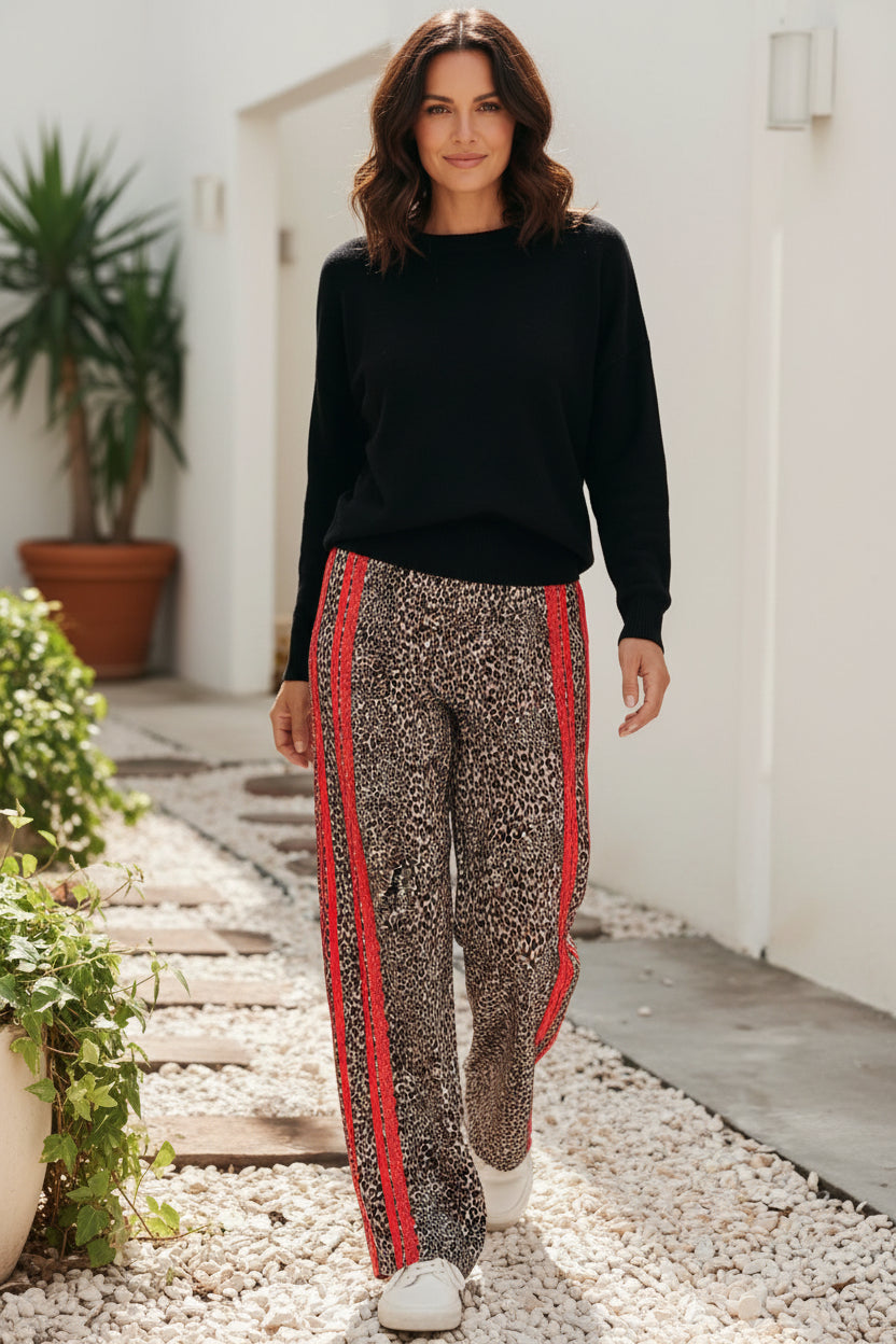 Leopard Contrast Lace Striped Detail Drawstring Pants - Pre Order March 2026