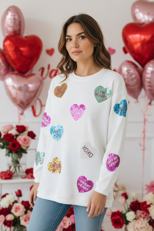 Valentine's Day Heart Sequin Corded Baggy Sweatshirt