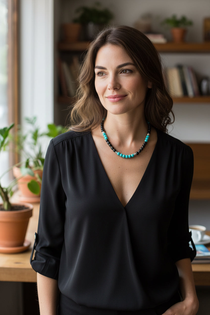 Kingman Turquoise & Black Tourmaline Gemstone Necklace